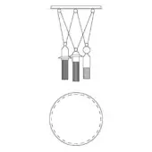 Three-tiered pendant light, black line drawing, conical shades, cylindrical bases, ribbed texture, suspended by beaded cords, schematic design.