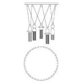 Chandelier design, black line drawing, horizontal bar with spherical and conical elements, fringed strands, circular base outline.