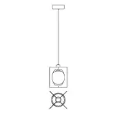 Pendant light, black and white drawing, rectangular fixture with oval opening and circular radiating pattern suspended from ceiling mount.