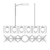 Linear lighting fixture “girouette s6 ln” technical drawing, six rectangular modules with circular openings, metal rods, schematic view.