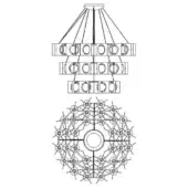 Chandelier technical drawing, girouette combo s36, three-tiered circular design with cylindrical fixtures and radial metal rod structure.