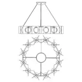 Chandelier technical drawing, metal and glass, circular form with twelve cylindrical lights suspended from a rectangular bar and ceiling mount.