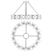 Chandelier technical drawing, black lines on white, cylindrical housing with circular fixtures, radial metal rod frame, geometric design.