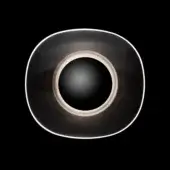 Transparent glass sculpture with opal core, rounded form, glowing white rim, smoky gray gradient, black central void, directional lighting.