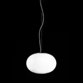 Elegant Oluce Alba suspension lamp in translucent white with a satin-finish metal cable embodies graceful luminous design