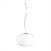 Pendant light, opal glass, spherical shade suspended from a silver-tone curved metal rod, minimalist design, glossy finish, diffused lighting.