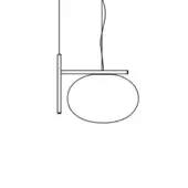 Pendant light, metal, minimalist design featuring a vertical rod, horizontal bar, and oval open form suspended by a curved cable.