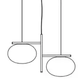 Pendant light, matte black metal, two spherical opaque glass globes suspended from vertical rods with horizontal bars, minimalist linear design.