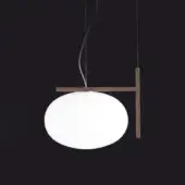 Pendant light, anodic bronze and opal glass, featuring a spherical globe suspended by silver cables from a horizontal arm.