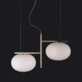 Pendant light, satin brass and opal glass, two spherical shades suspended from a central vertical rod with slender arms.