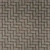 Woven texture sample, gray-brown resin, rectangular strands in a regular over-under pattern creating a matte, grid-like surface.