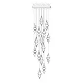 Chandelier, black metal, cascading spheres, rectangular mount, asymmetrical design, MELOGRANOBLU hydra alpha large size, white background.