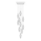 Chandelier, black linear metal, cascading vertical cords with staggered oval droplet shapes, minimalist design, studio product shot.