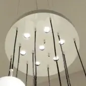 Modern chandelier, white lacquered canopy, black rods with frosted glass globes in a circular, minimalist arrangement.