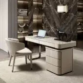 Distinguished DV Home Collection Hollywood desk with a light beige lacquered tabletop and stainless steel base, crafted with vertically quilted leather detailing
