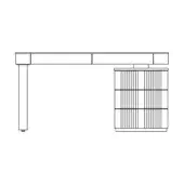 Hollywood desk DX line drawing, black and white, rectangular tabletop with tiered shelving, minimalist modern design.