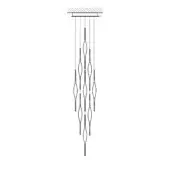 Linear chandelier, polished metal, twelve cascading rods with hourglass shapes, minimalist design, white background studio shot.
