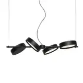 Pendant light, matte black finish, four angled cylindrical shades on horizontal black metal rods with a white suspension cord.