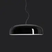 Black canopy pendant lamp with glossy finish and broad dome shape, suspended by a silver cord against a dark gray backdrop.