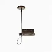 Pendant light, anodic bronze and chromium, with circular mount, slender stem, rectangular slotted shade, and curved counterbalance loop.