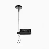 Pendant light, black and chromium plated, with a rectangular housing, slender pole, and vertically aligned light sources on a white background.