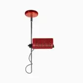Pendant lamp, scarlet red and chromium plated, with circular shade, slender arm, and perforated black cylindrical light source.