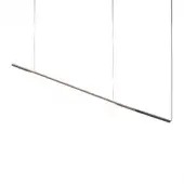 LED light fixture, satin bronze finish, elongated curved rectangle with black accent, minimalist suspension, diffused glow, white background.