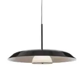 Black pendant light, two-tiered design, glossy saucer shade above matte rectangular shade, slender black suspension rod, studio shot.