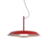 Pendant lamp, scarlet red, saucer shade with white reflector and cylindrical fixture suspended by black cord, studio shot.