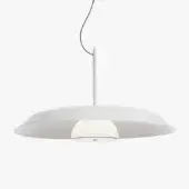 White pendant lamp, glossy saucer shade, slender white rod, matte interior cylinder, minimalist design, studio lighting, gray background.