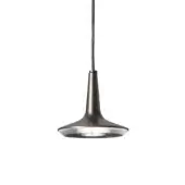 Pendant light, anodic bronze, conical shade with flared base and black cord, minimalist design, studio shot, white glow.