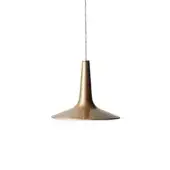 Pendant light, satin gold glaze, conical shade with flared opening and silver cable, minimalist modern design, studio lighting.