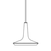 Pendant light, black line art, conical shade with horizontal band and cylindrical rod, technical illustration, “kin – size a” label.