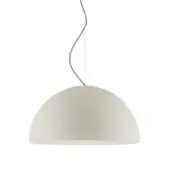 Pendant light, opal Murano glass, hemispherical shade with brushed silver curved rod suspension and diffused glow.