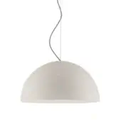 Pendant lamp, opaline glass, dome shade with brushed nickel rod suspension, studio product shot on white background.