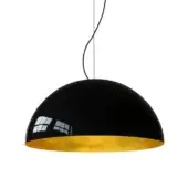 Pendant lamp, black exterior with gold leaf interior, large dome shade, matte finish, white cord, studio reflection.