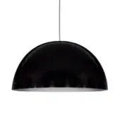 Pendant light, black exterior with white interior, large dome shade, glossy finish, minimalist design, suspended from white cord, studio shot.