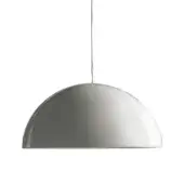 Pendant light, painted white, hemispherical shade with glossy finish suspended by a silver cable against a white backdrop.