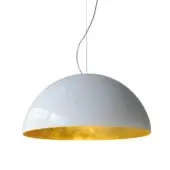 Pendant light, white exterior with gold leaf interior, large dome shade suspended by three white cords, minimalist studio shot.