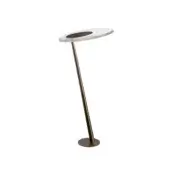 Floor lamp, indian brown, with white circular lampshade and bronze tapered stem on circular base, studio shot.