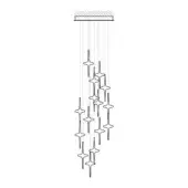 Chandelier, steel finish, linear arrangement of elongated starburst elements suspended from vertical rods; minimalist design, studio lighting.
