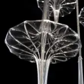Chandelier, clear glass, multi-tiered with bell-shaped shades and twisted rods, cascading floral design, rippled texture, black background.