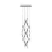 Chandelier, black metal, rectangular mount with cascading vertical rods featuring elongated oval shapes in a minimalist, modern design.