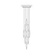 Chandelier with rectangular canopy, nine vertical rods, and oval elements, creating a minimalist cascading design against a white backdrop.