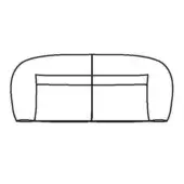 Two-seater sofa line drawing, black and white, curved shape with rounded armrests, recessed front panels, and simplified design.