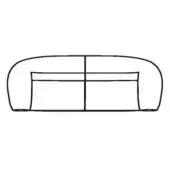 Low sofa schematic, black lines, rounded form with recessed panel details, elongated design, flared feet, technical illustration.
