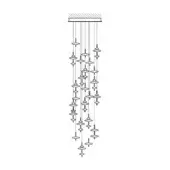 Linear chandelier, black metal, rectangular mount with staggered cylindrical and diamond-shaped elements in a descending pattern.