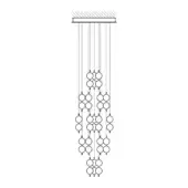 Linear chandelier, metal finish, with multiple oval segments suspended on wires, tapering form, white background, minimalist design.