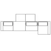 Sectional sofa line drawing, black and white, modular design with three armchairs, rectangular cushions, and square backrests on white background.