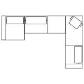 Living room floor plan with L-shaped sectional sofa, square ottoman, and rectangular side table in black line drawing on white.